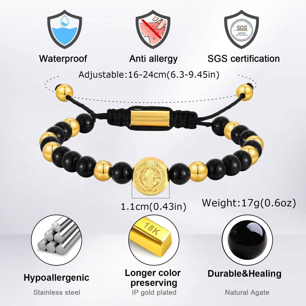 Vnox Heiliger Benedikt Perlenarmband, Verstellbare Kordel mit Natursteinperlen Armband, Religiöse Schmuckgeschenke für Männer Frauen