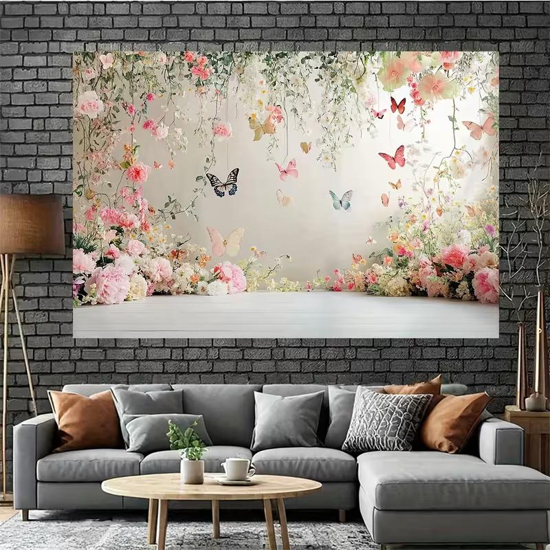2D Pastel Floral Backdrop, Delicate Hanging Flowers and Colorful Butterflies