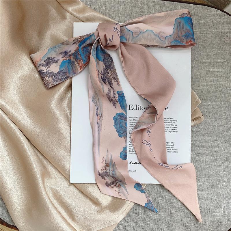 French Bow Tie Painting Silk Scarf Long Ribbon Oil Painting Headscarf Headband Hair Accessories