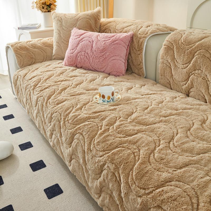 Autumn Winter Long Hair Solid Color Sofa Mat Home Living Room Decoration Anti Slip Backrest Towel Soft Thick Dust-proof High-end Striped Sofa Cover