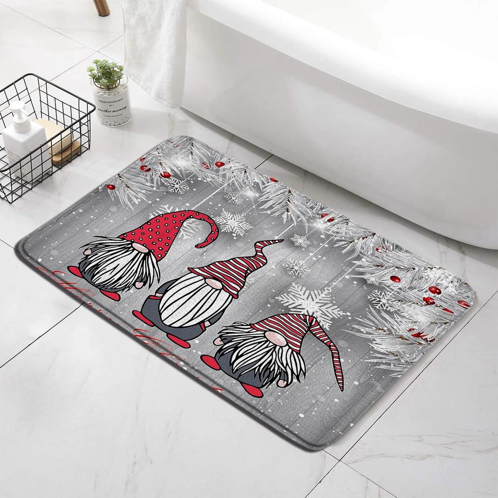 Red Christmas Shower Curtain Set Funny Santa Claus Gift Green Pine Branches Xmas Balls Home Bathroom Decor Bath Mat Toilet Cover