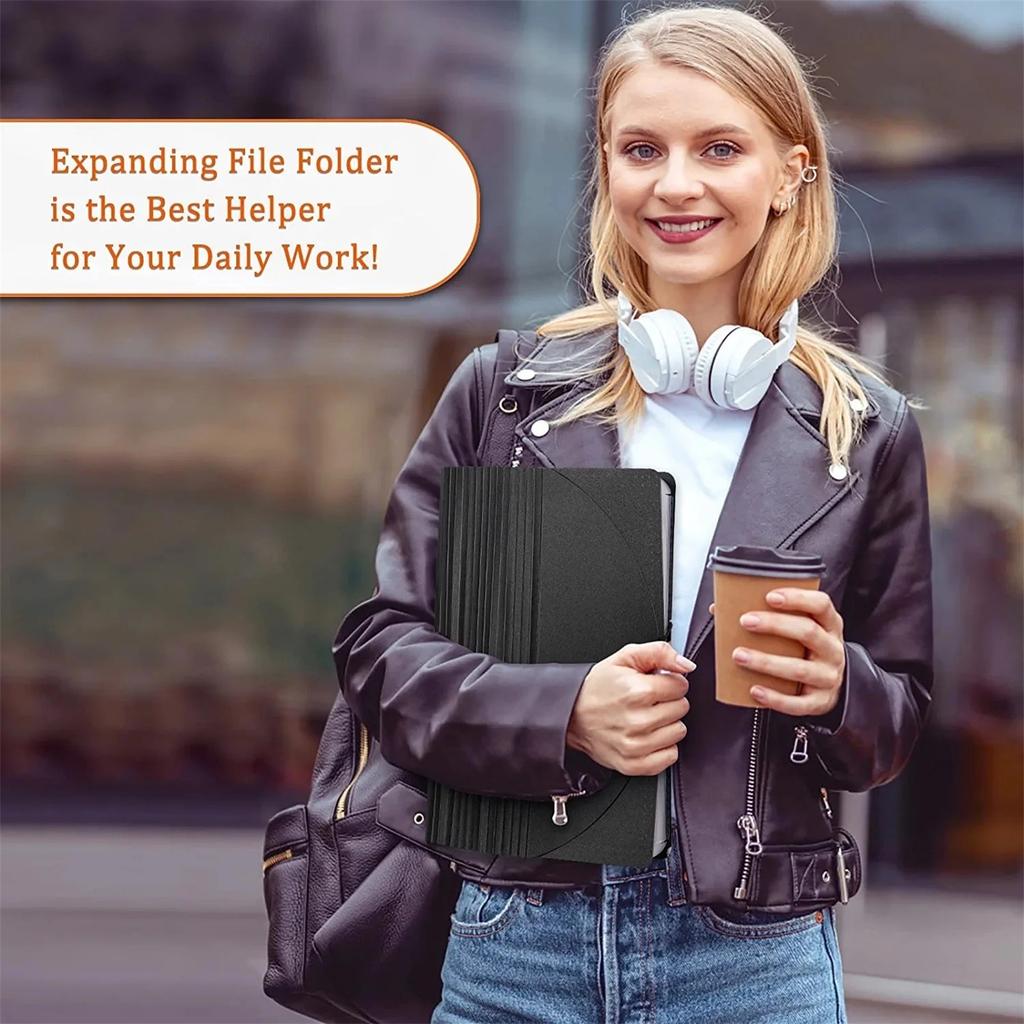 Dosar extensibil cu 12 buzunare, organizator de fișiere tip acordeon pentru birou, negru, cu capac extensibil (Dimensiunea 4/papetărie)