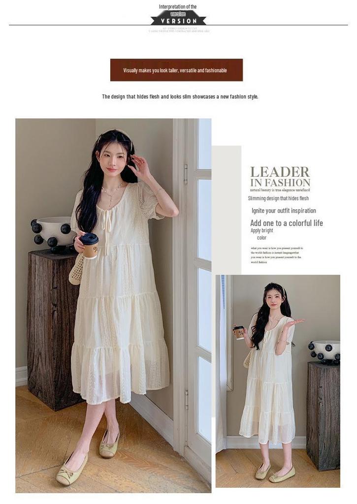 French Lace Jacquard Embroidered Maternity Summer Dress - Stylish, Mid-Length, and Trendy.