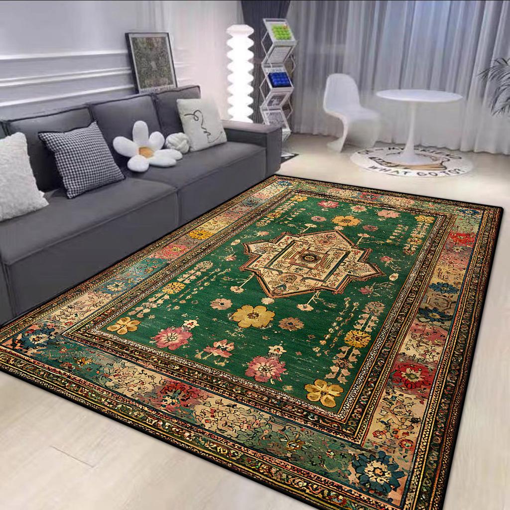 Persian Style Big Size Green Carpet Living Room Non-slip Easy Cleaning Coffee Tables Mat Soft Foldable Dining Room Decor Rug