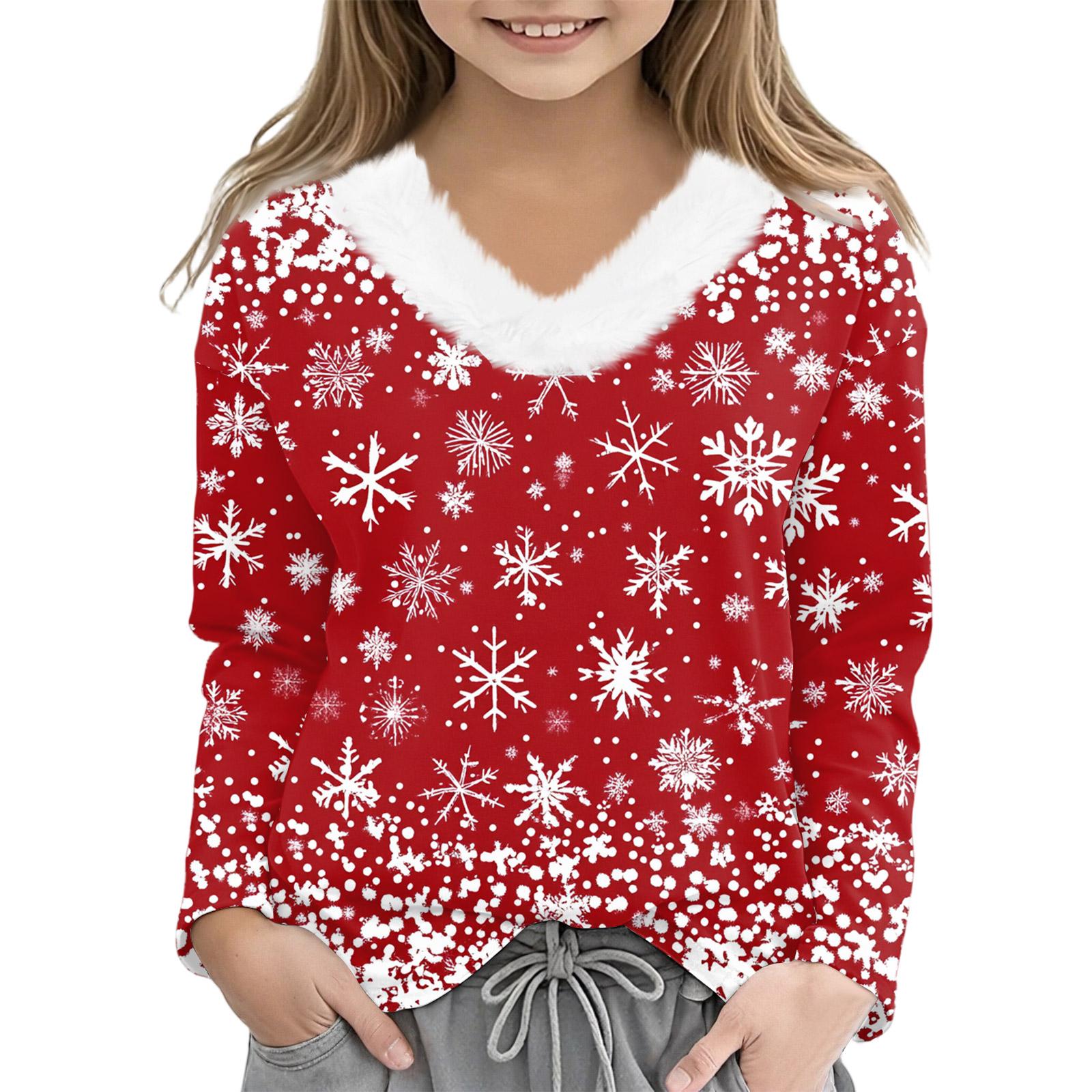 

Рождественские футболки с длинным рукавом для девочек, детская футболка с V-образным вырезом, рождественский принт, топ с длинным рукавом 160 белый