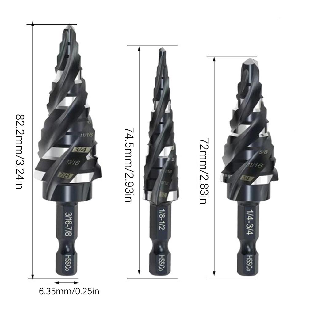 3PC Step Drill Bit Set 1/4" Shank High Speed Steel Step Drill Bit for Sheet Aluminium Metal Wood Hole Drilling Taper