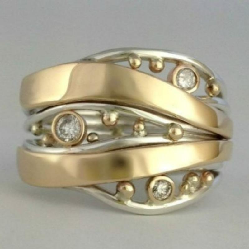 Vintage Inlaid White CZ Women's Ring Ethnic Two Color Hand Carving Daily Wear Party Jewelry Anniversary Gift