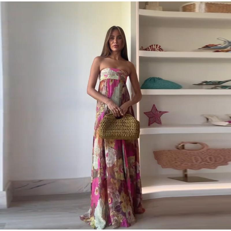 Printed Women Long Dress Backless Pleats A-line Large Hem Robe Elegant Female Party Holiday Long Dresses