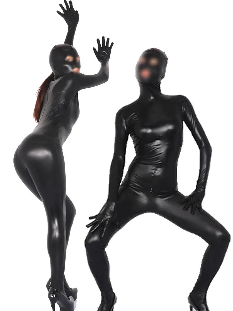 S-5XL Unisex Catsuit Cosplay Piele Sintetică PU Zentai Degete Bodystocking Fermoar Deschidere Între Picioare Bodysuit Colanți Leotard Conjoined