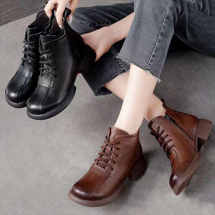 Martin boots women's British soft leather retro short boots low heel platform short tube lace-up short boots women