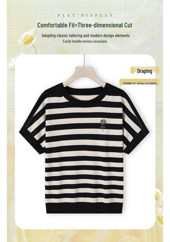 Stylish Summer Knit Striped Short-Sleeve T-shirt for Mom - Loose Fit, Round Neck, Ice Silk, Middle-Aged & Elderly Women