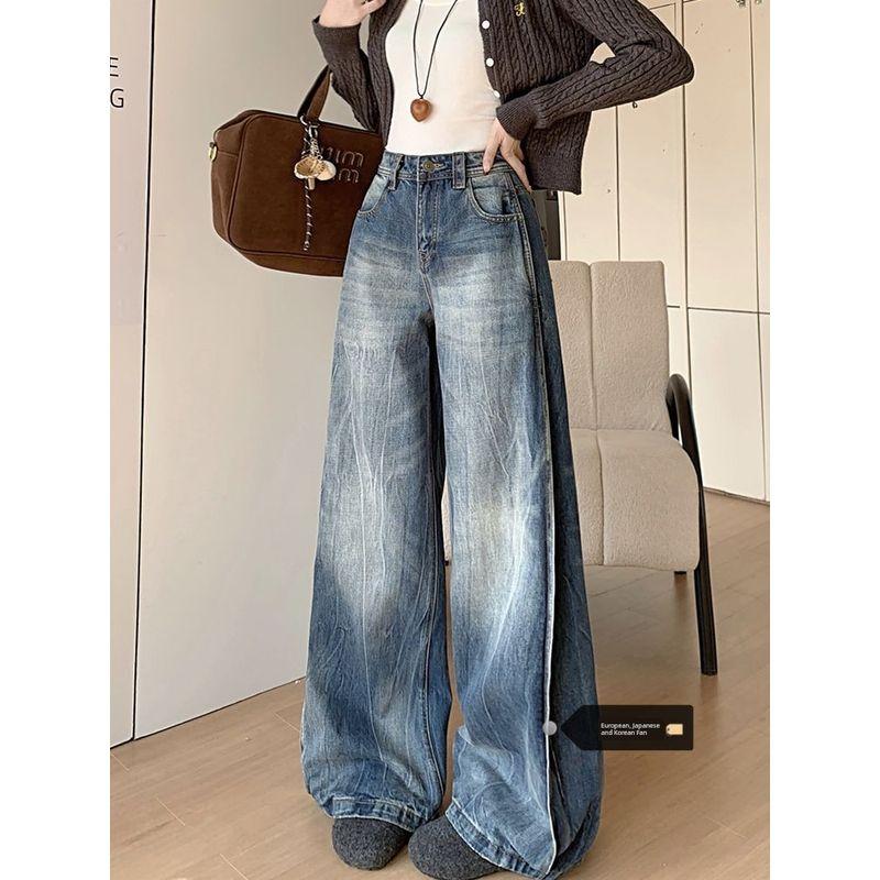 

Plus size Retro American Low Waist Wide Leg Jeans Women Spring 2025 New Design Loose Casual Mopping Trousers Retro Blue [Quality Edition]] M