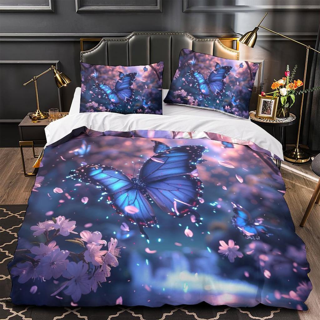 3D Colorful Butterfly Bedding Set Fashion Quick Drying Duvet Cover Pillow Case 2/3pcs Girl Kids Women's Soft Cover for Full Size Bed