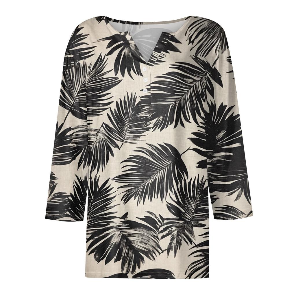 Damska koszulka z nadrukiem na guziki, rękaw 3/4, codzienna, weekendowa, modna, podstawowa, dekolt w serek, regularny top