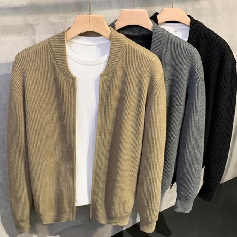 Spring And Autumn Double-Zip Design Cardigan Solid-Color Sweater, Men'S Simple Trendy Versatile Knit Jacket