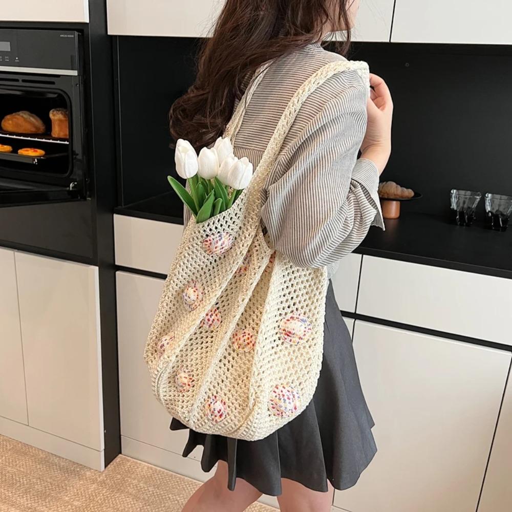 Large Capacity Crochet Shoulder Bag Sweet Casual Tote Bag Simple Knitted Handbag  Summer