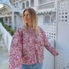 Cardigan Feminino da Moda Gola Redonda Estampa Floral Casaco Jaqueta de Algodão