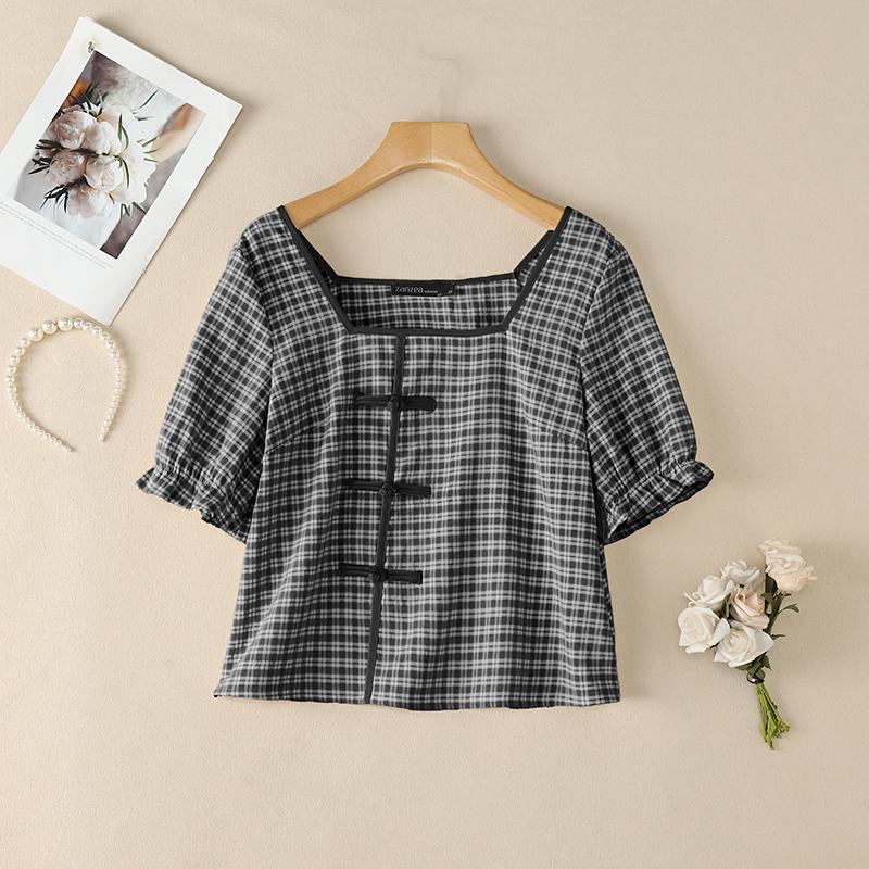 

ZANZEA Women Square Collar Casual Short Sleeve Grid Print Blouse 2XL чорний