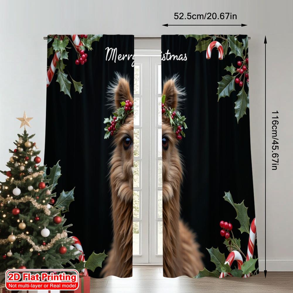 2 Stück 2D Flachdruck Weihnachts Vorhänge Frohe Weihnachten Alpaka Geschenke Polyestergewebe Ohne Strom Familienfeier Verwendung für