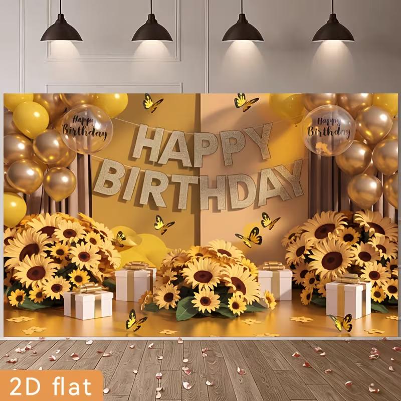 2D Birthday Photography Backdrop Yellow Background with Sunflowers, Butterflies and Balloons