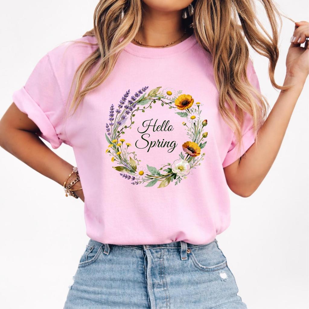 Hello Spring Floral Wreath T-Shirt and kids tshirt – Botanical Graphic Tee