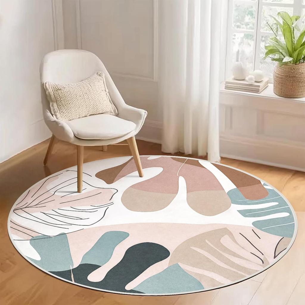 Floral Round Rug, Non-Slip Low Pile Floor Mat for Living Room or Bedroom, Kids' Room Friendly