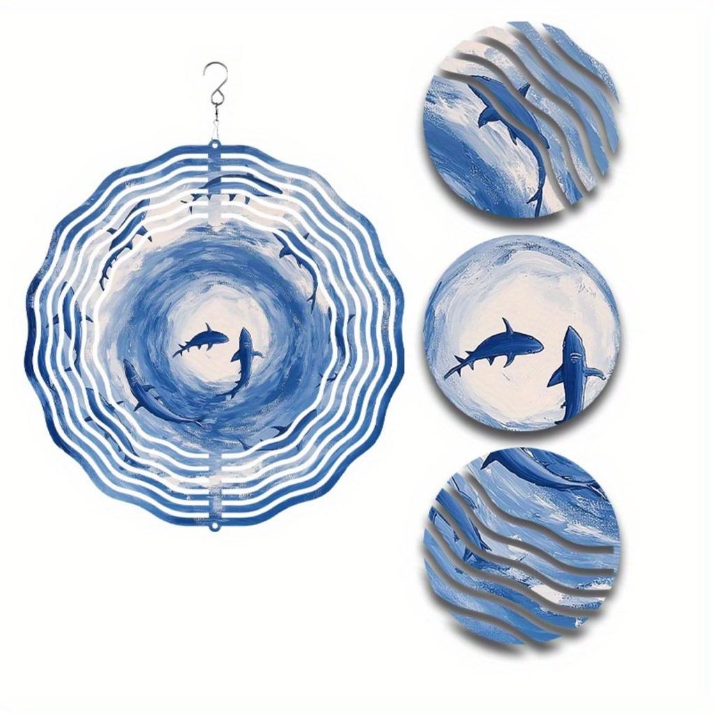 1pc Metal Ocean-Themed Wind Chime with 360° Rotating Shark & Wave Design, Artistic Garden Decor for Patio, Balcony
