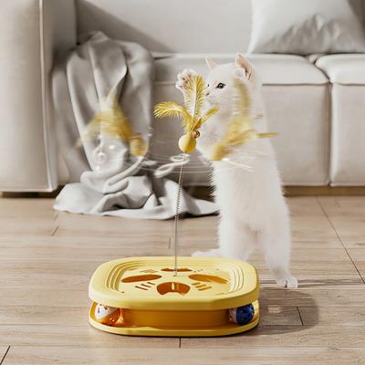 צעצוע אינטראקטיבי להעשרת חתולים, קופסת מבוך לחתולים עם כדורים במסילה, מוט מגרד עם נוצות, צעצוע פאזל רב-תכליתי לבידור חתולים ביתיים