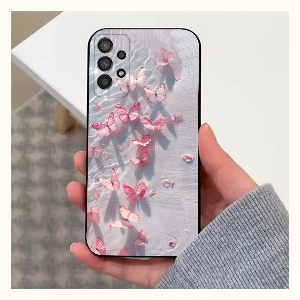 Pink Butterfly Pattern Phone For Samsung S22,S25,S24,S23,Ultra,FE,Plus,S21,S20,S10,S9,Lite,Soft Silicone Black