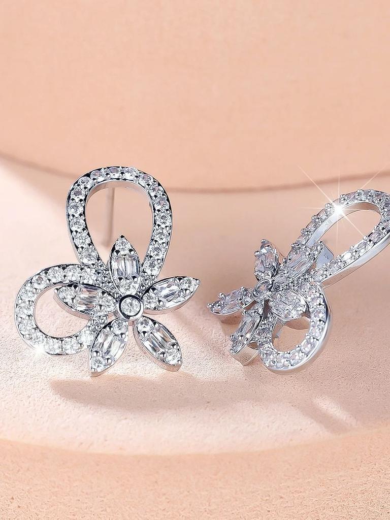 Cute Female White Zircon Silver Color Flower Stud Earrings Lovely Bridal Wedding Jewelry For Women