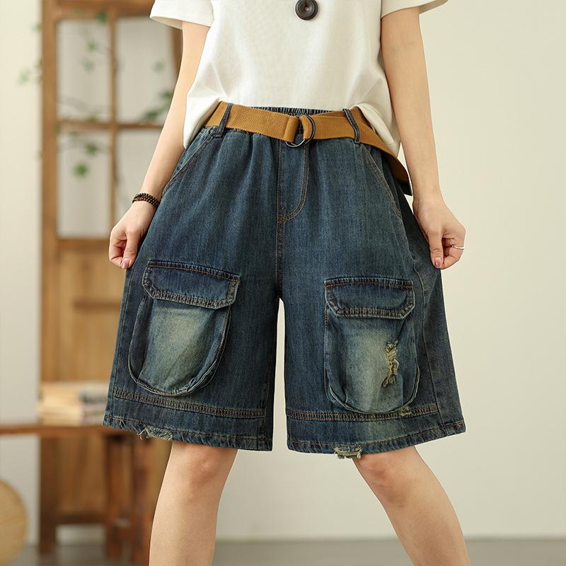 

DIMANAF Plus Size 2025 Женские шорты Летние брюки с высокой талией Джинсы Свободные карманы Эластичные базовые шаровары Макси L синий