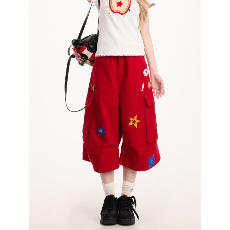 

Star embroidered white pants women s summer new design sense multi-pocket pleated loose casual tooling shorts S красный