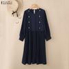 ZANZEA Women Casual Round Neck Summer 3/4 Sleeve Pleated Dress