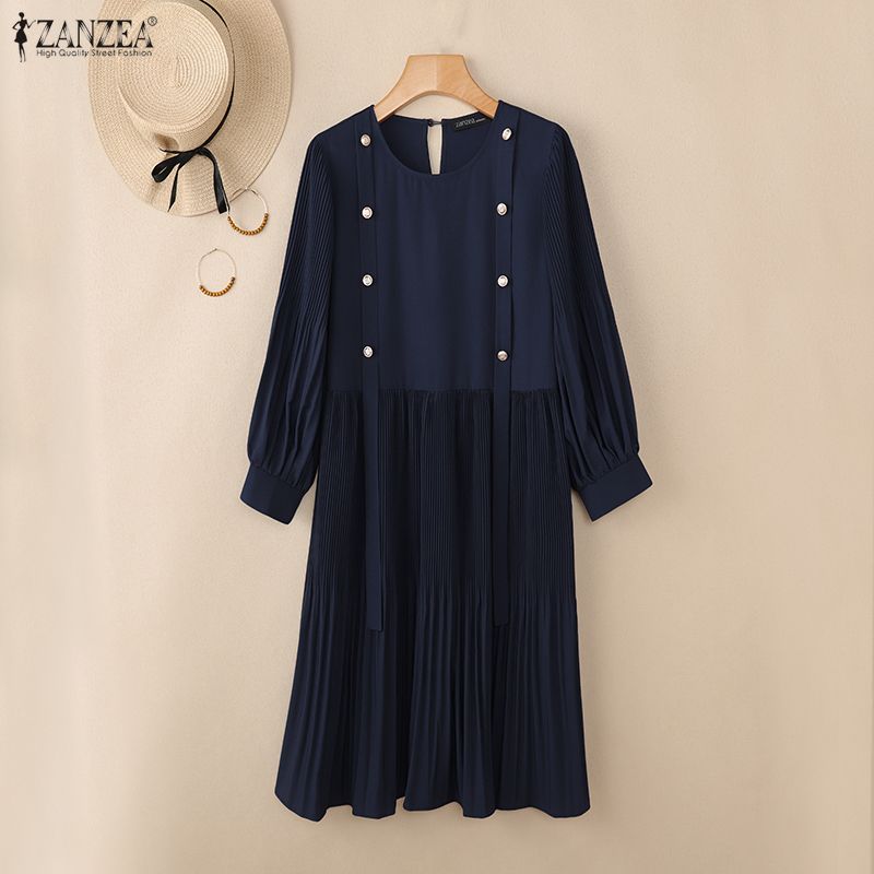 ZANZEA Women Casual Round Neck Summer 3/4 Sleeve Pleated Dress