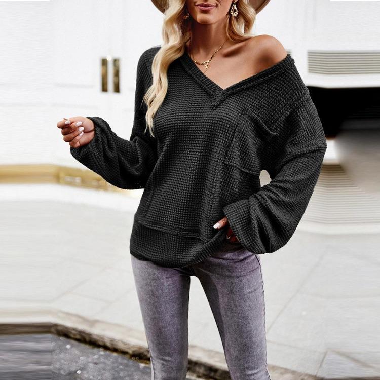 Autumn Winter Women Solid Color V Neck Knit Sweater Long Sleeve Top