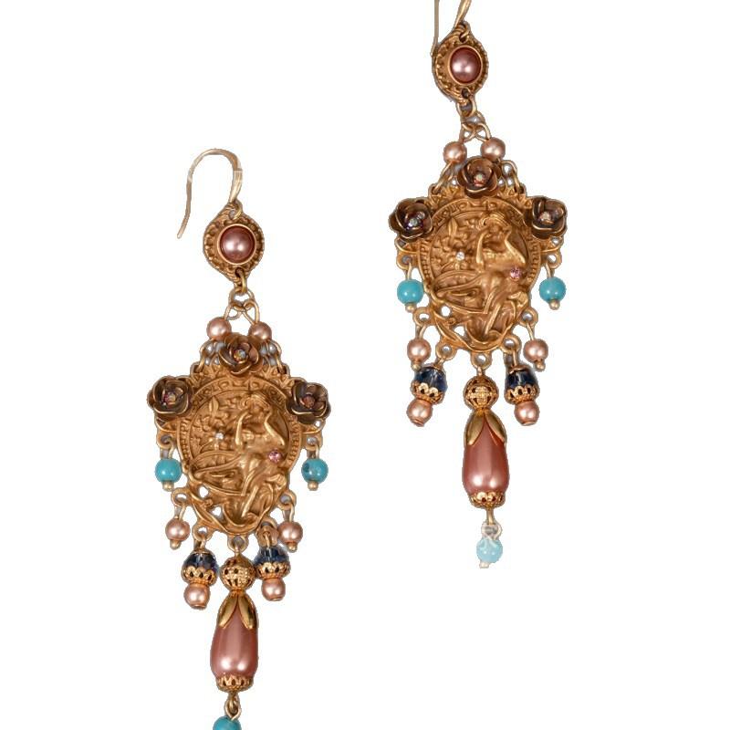 Medieval Vintage Jewelry Antique Heavy Industry Gold Dreamy Princess Relief Pearl Pendant Earrings