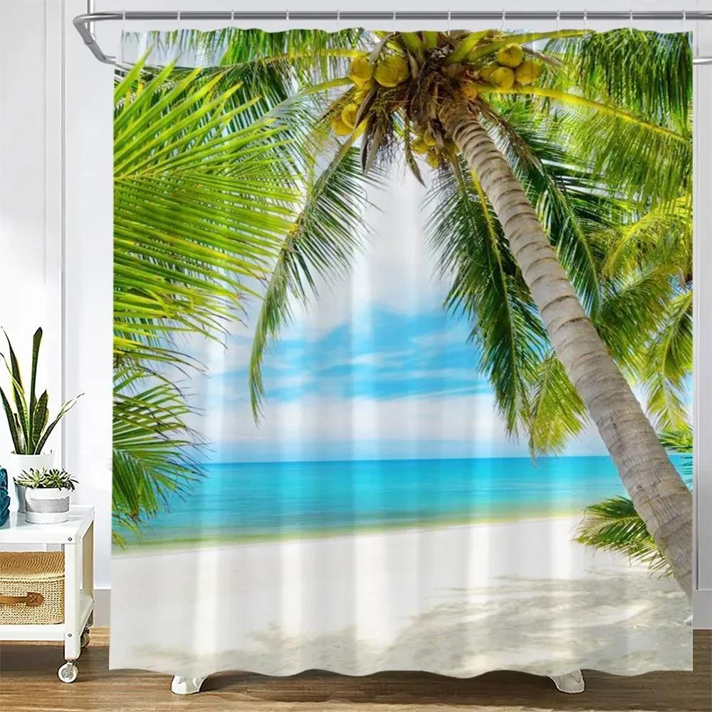 Dusk Sunset Beach Shower Curtains Tropical Ocean Palm Tree Forest Waterfall Nature Scenery Cloth Home Decor Bathroom Curtain Set