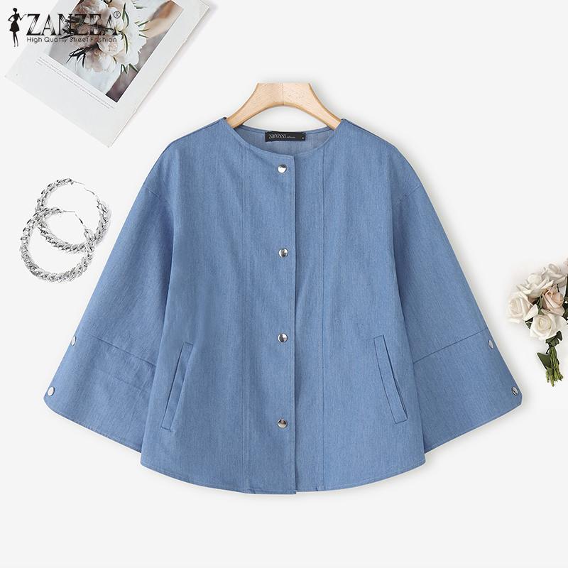 ZANZEA Bluză de damă casual cu gât rotund, mâneci 3/4 largi, uni