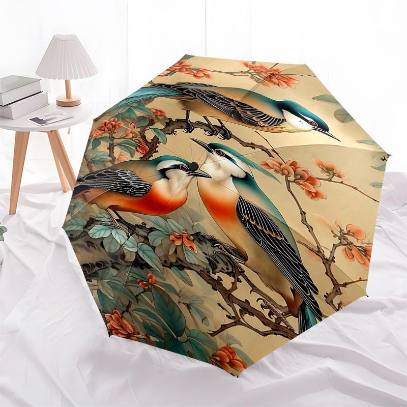 1pc Birds FlowersOpen/Close Umbrella-Windproof, Compact Travel Umbrella, Sturdy 8-Rib Shaft, Outdoor Accessory, 1085
