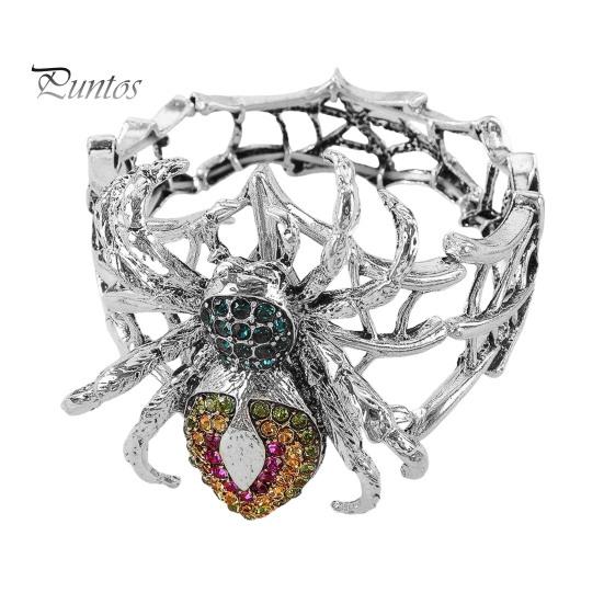 Dainty Alloy Wrist Decor Vintage Rhinestone Spider Bracelet, Gothic Punk Adjustable Stretch Bangle Style for Men Women, Mysterious Halloween