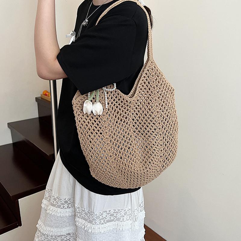Borsa a Spalla da Donna Lavorata a Maglia Colore Unito Estetica Borsa Hobo Grande Capacità Borsa a Shopper all'Uncinetto Borsa a Mano Quotidiana da Donna KTB