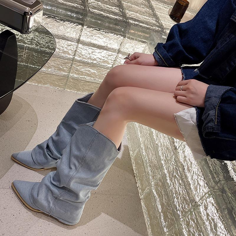 Spring New Fashion Style Pointed Thick Heel Trousers Boots Retro Versatile But Knee Western Cowboy Boots