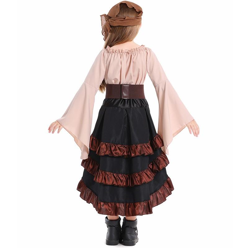 Girls Pirate Costume Set Long Sleeve Blouse High Waist Mermaid Skirt Halloween Performance Dance Outfit