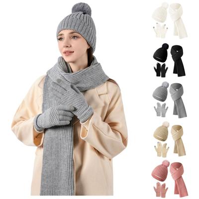 Winter Warm Knitted Wool Plus Velvet Thick Gloves Hat Scarf Three-piece Set