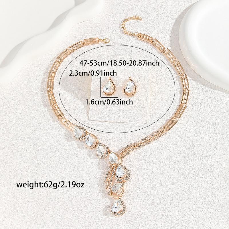 Gold Jewelry Set White Rhinestone Crystal Necklace Earrings Set Women's Jewelry