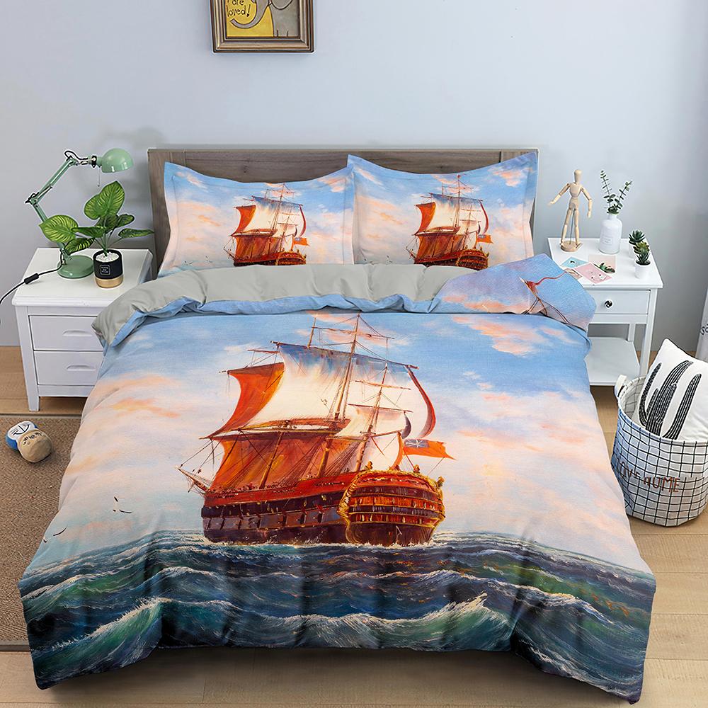 Nautisk Segelbåt Påslakan Queen King Size 3D Oljemålning Båtstil Sängkläder Set Ocean Mjuk 2/3 Delar Polyester Täcke Överdrag