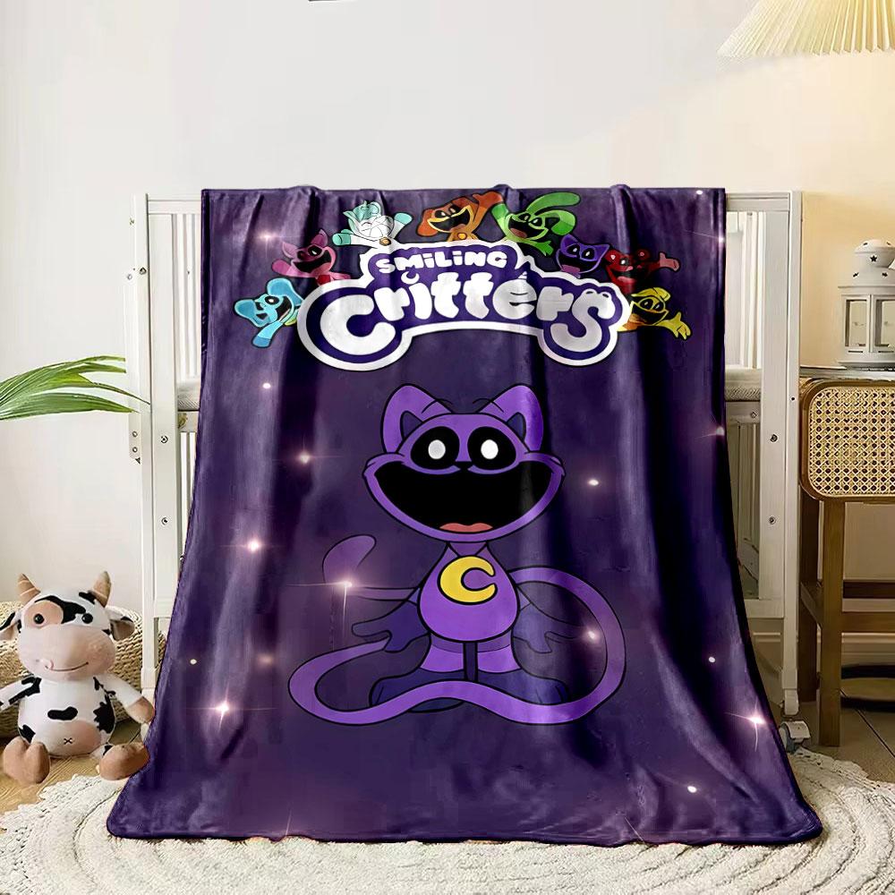 

A purple cartoon critter with a C emblem, surrounded by smiling critters. for all seasons blanket lunch break throw gift 80cm x 120cm