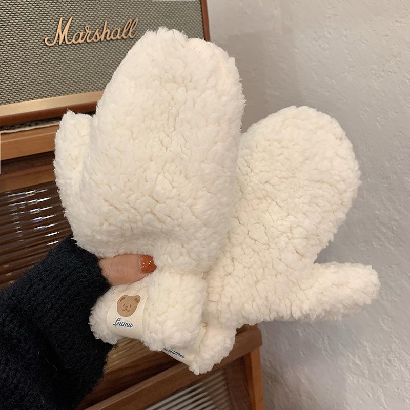 Winter Riding Plus Velvet Thickened Warm and Cold-proof Lamb Velvet Bear Label Cute Gloves for Women Halter Neck Student Gloves