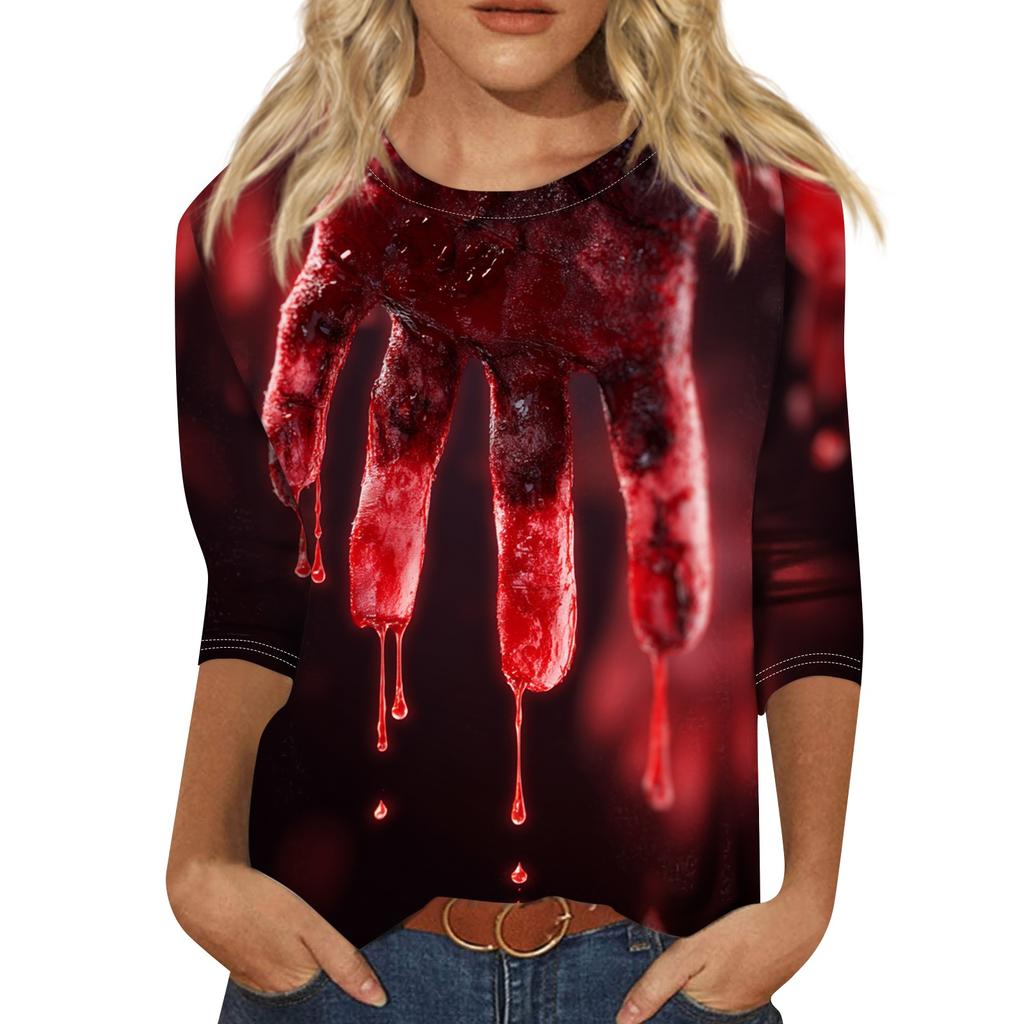 Women’s Halloween Print Crew Neck Three Quarter Sleeve Casual Top with and Bat Graphic for Holiday and Everyday Wear