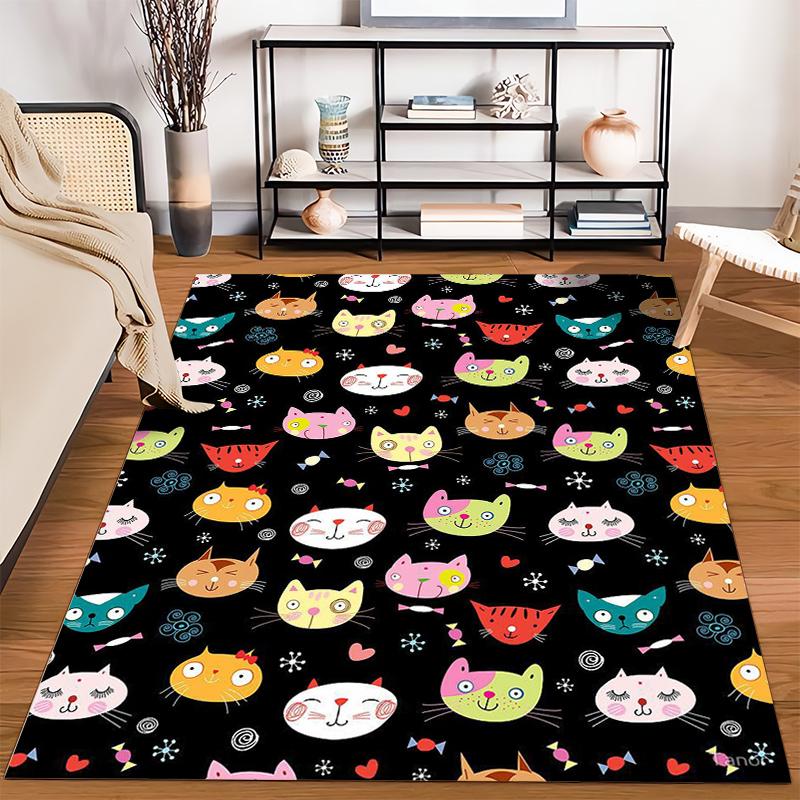 Colorful Cartoon Cat Faces Pattern with Hearts and Candy on Black Background Carpet Suitable for use as an anti-slip for room and bedroom sofas